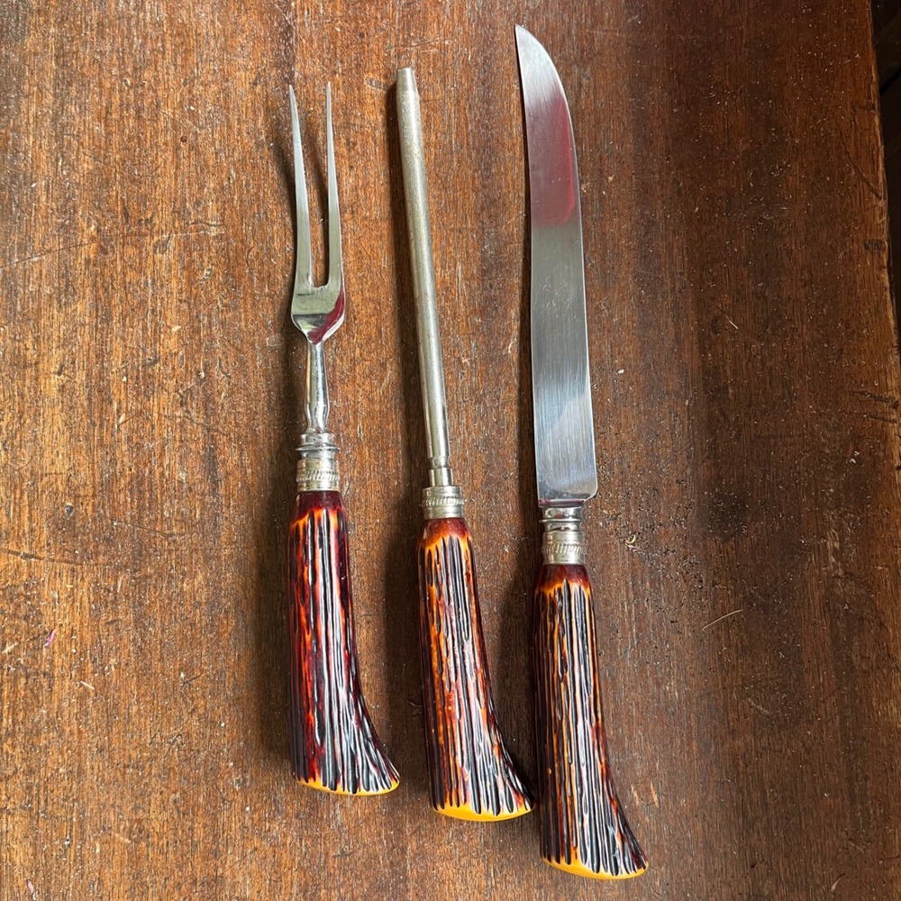 Vintage Washington Forge Sheffield England 3pc Carving Set Faux antler Handles